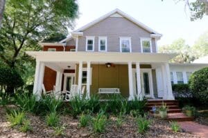 Landscape with mulched garden bed and shrubs
