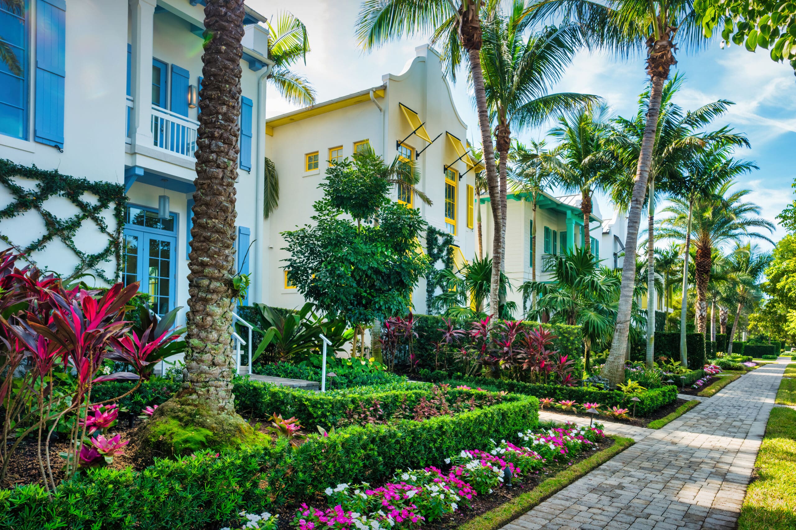 Front yard landscaping featuring custom pathways.